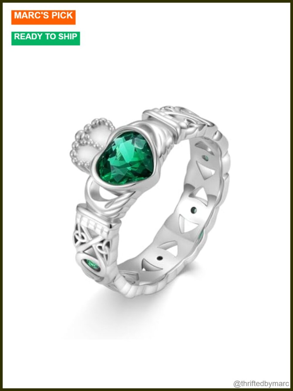 925 Sterling Silver Claddagh Ring May Birthstone Heart Promise Wedding